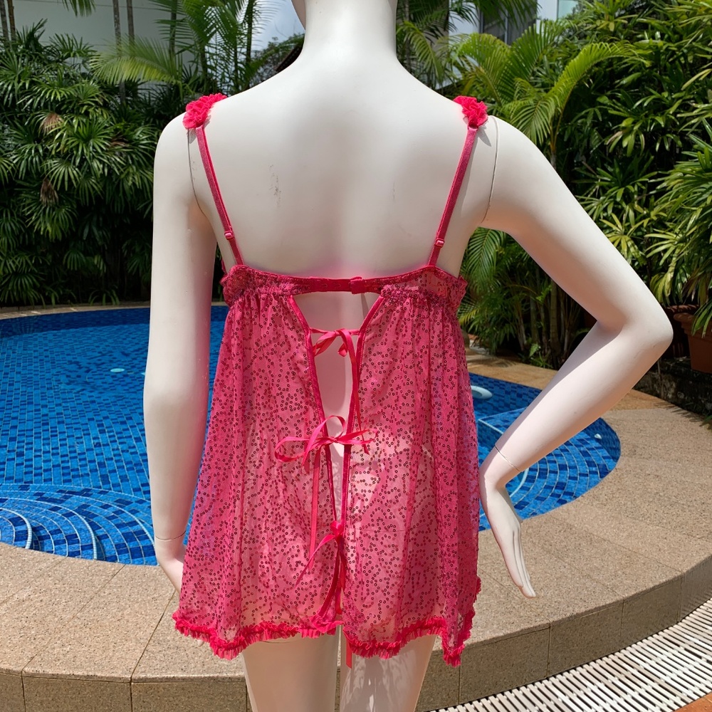 Victoria’s Secret Sexy Little Things Pink Negligee, Size Large, Sequins and Bows - Picture 2 of 8